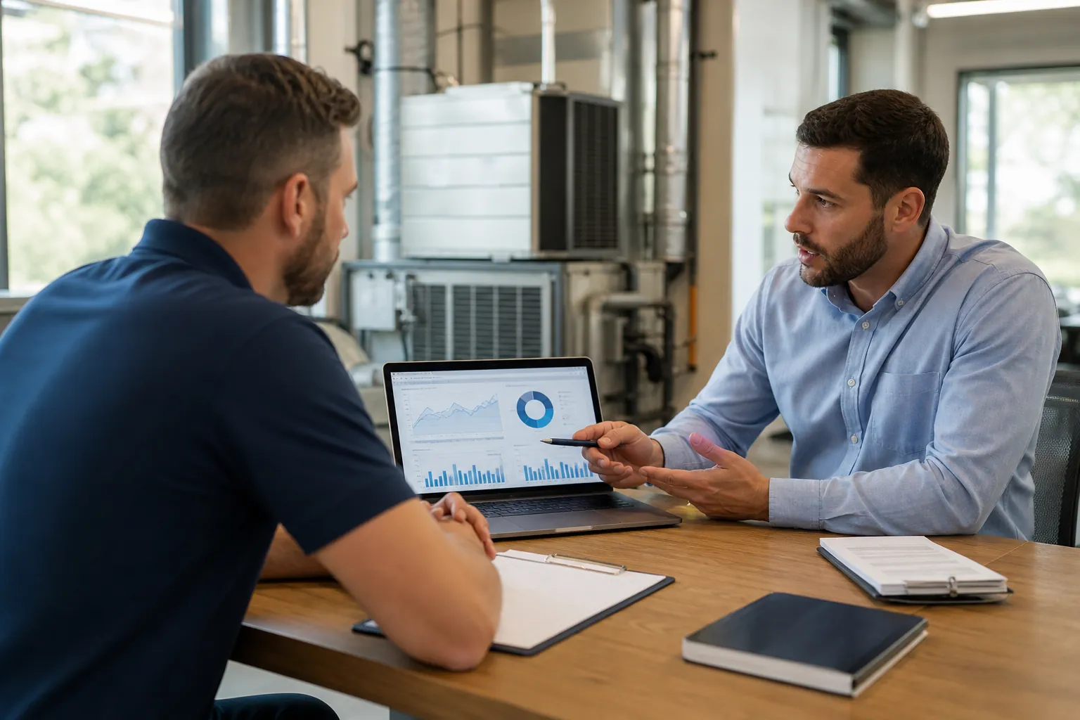 Two men discuss analytics charts on a laptop at a wooden table, with HVAC equipment and ductwork behind them.