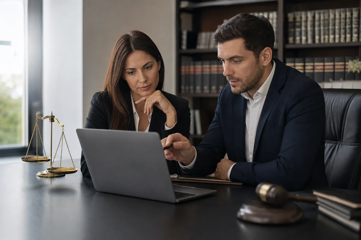 Two business professionals review a laptop at a desk with scales of justice, a gavel, and shelves of law books behind them.