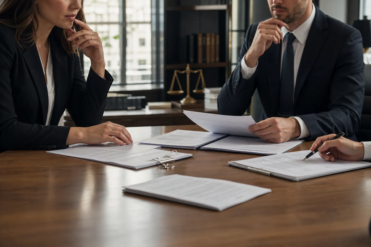 Business professionals review documents around a wooden conference table, with folders, a pen, and scales of justice behind them.