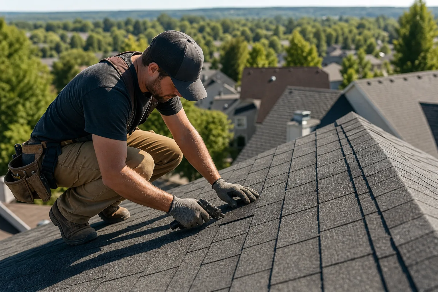 A roofer wearing gloves and a tool belt crouches on a shingled roof, with neighborhood houses and trees behind him.
