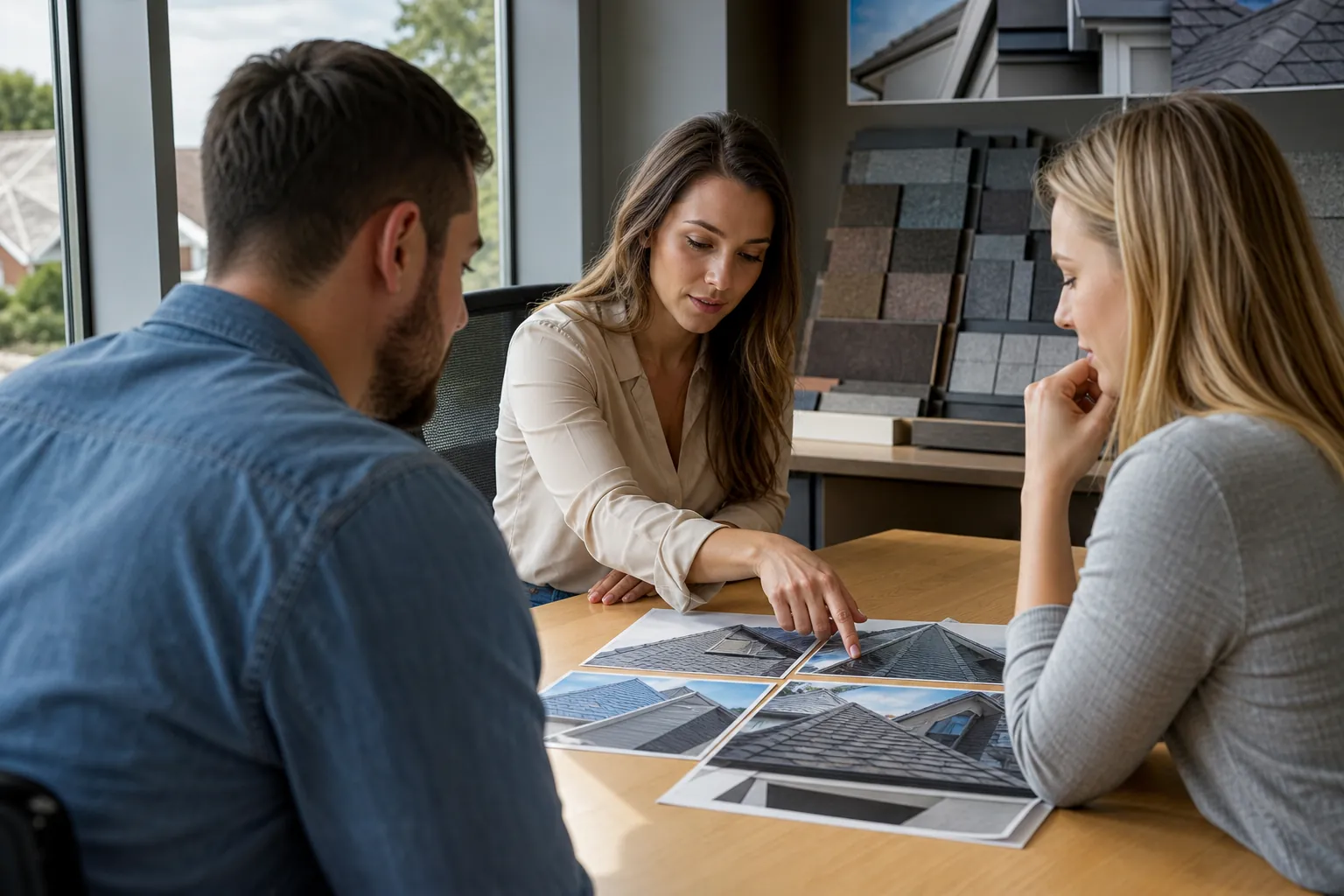 Three adults review printed roof photographs at a wooden table with roofing shingle samples displayed behind them.