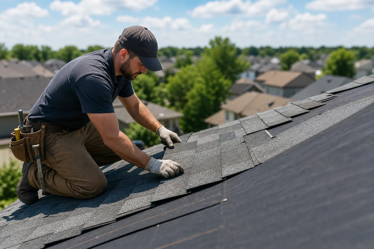 A roofer wearing gloves and a tool belt kneels on a sloped roof, positioning gray asphalt shingles above a suburban neighborhood.