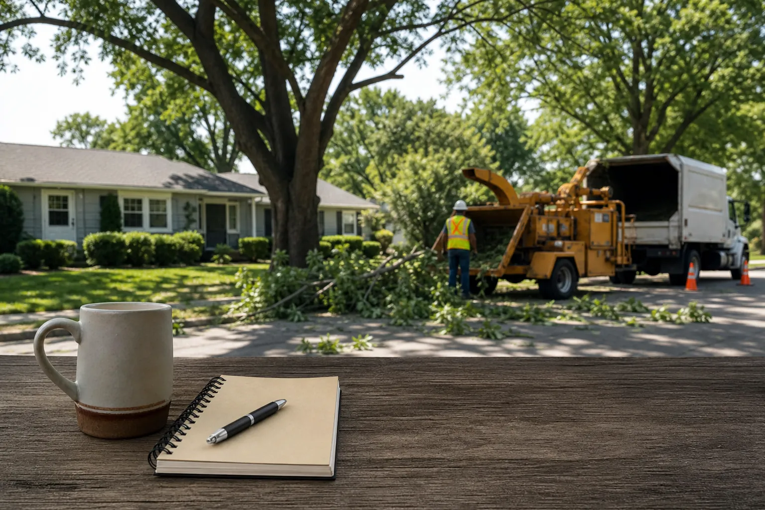 A mug, notebook and pen sit on a wooden table while a tree service worker stands beside a wood chipper and truck outside.