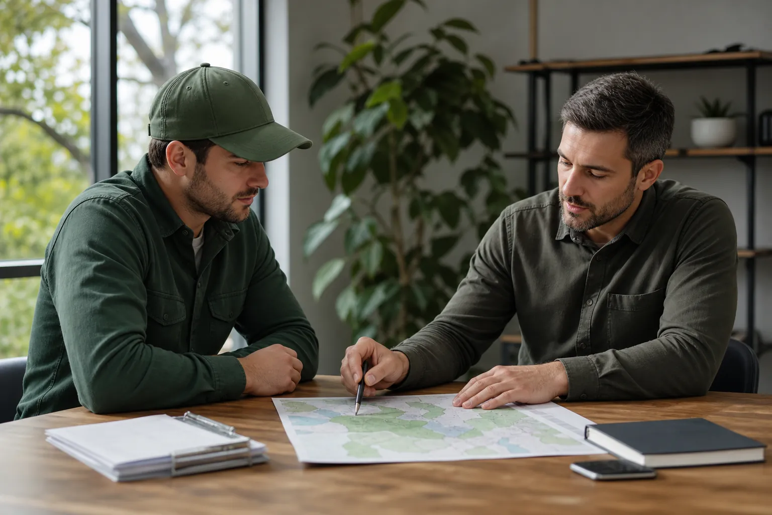 Two men review a printed area map at a wooden desk, with one pointing to a location using a pen.