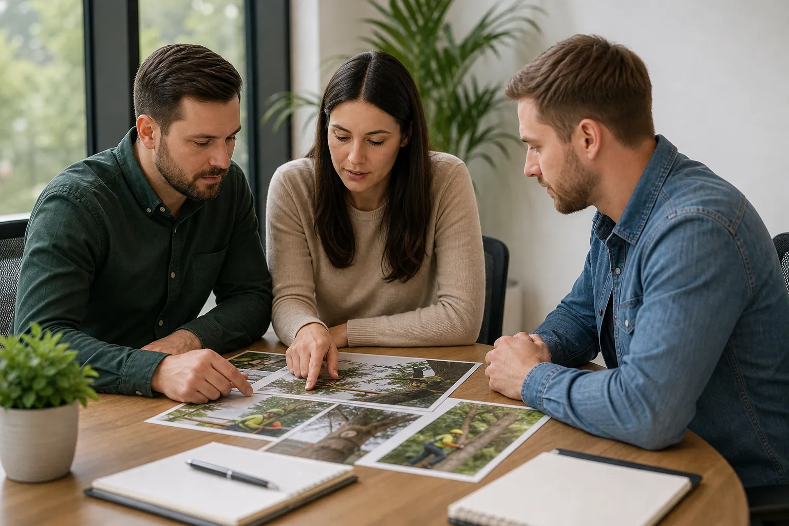 Three adults review printed photographs of trees and tree workers around a wooden table with notebooks and a pen.