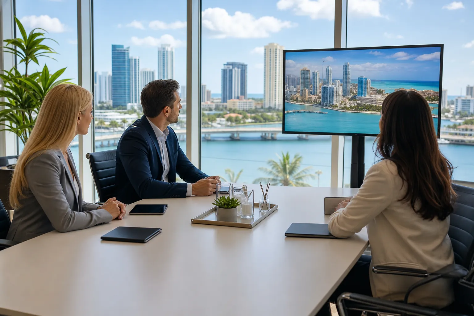Three business professionals sit at a conference table overlooking a waterfront skyline, with a coastal city displayed on a monitor.