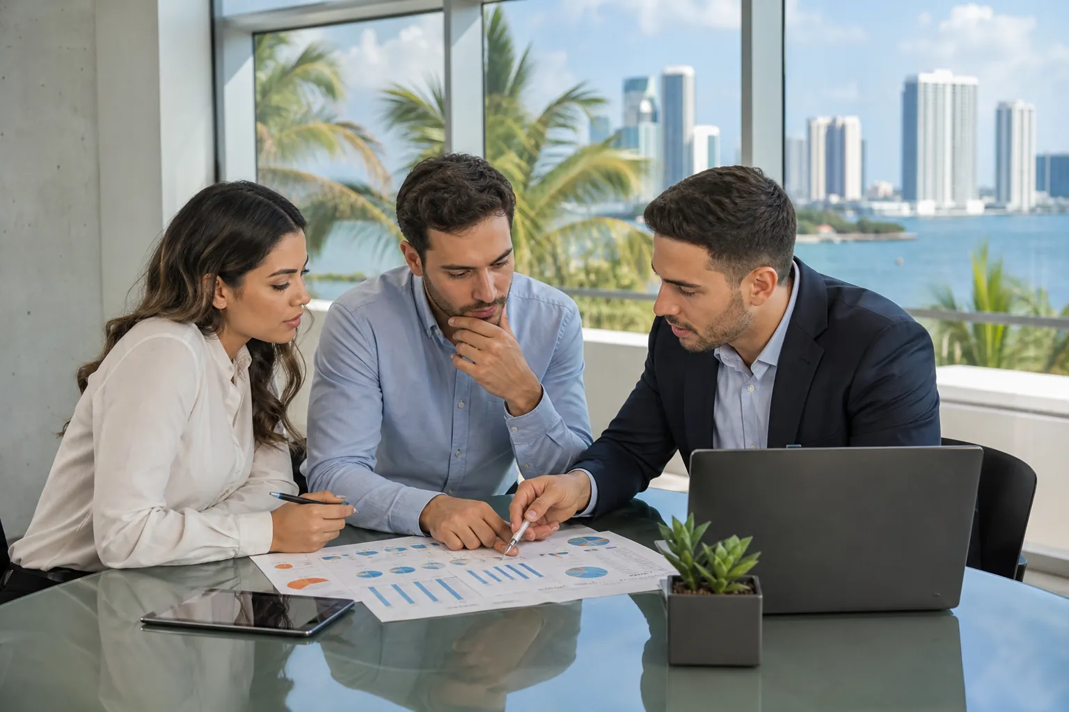 Three professionals review printed charts beside a laptop in a waterfront office overlooking palm trees and high-rise buildings.