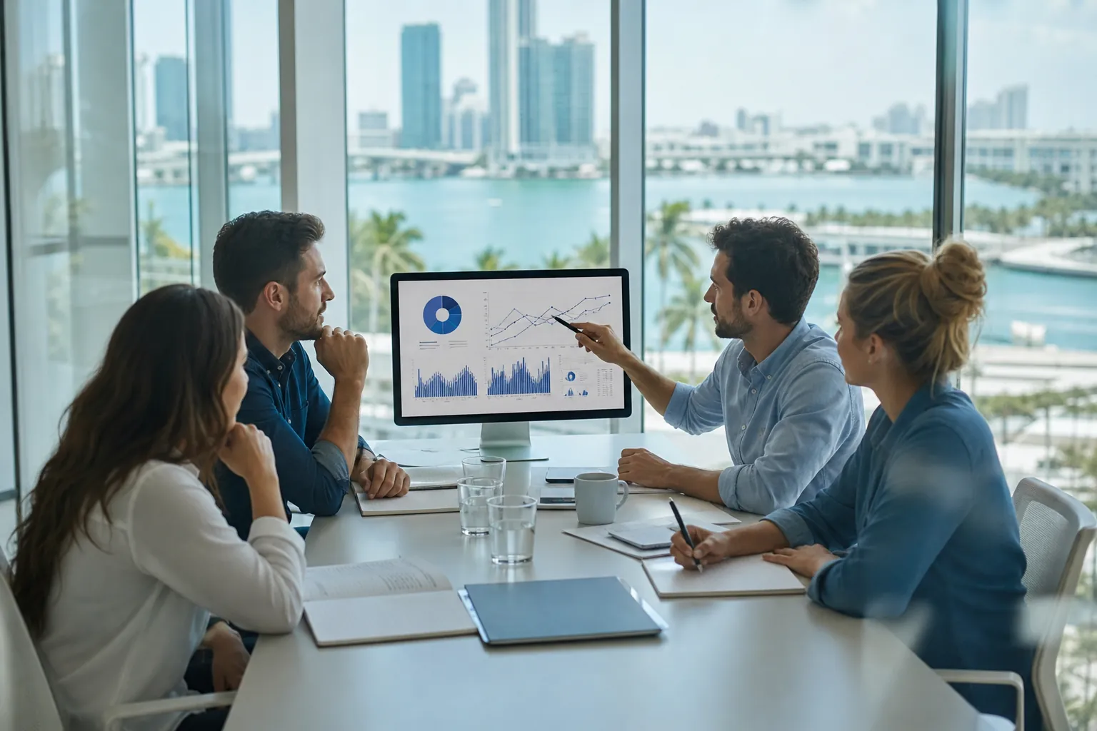 Four colleagues review charts on a desktop monitor around a conference table overlooking a waterfront skyline.