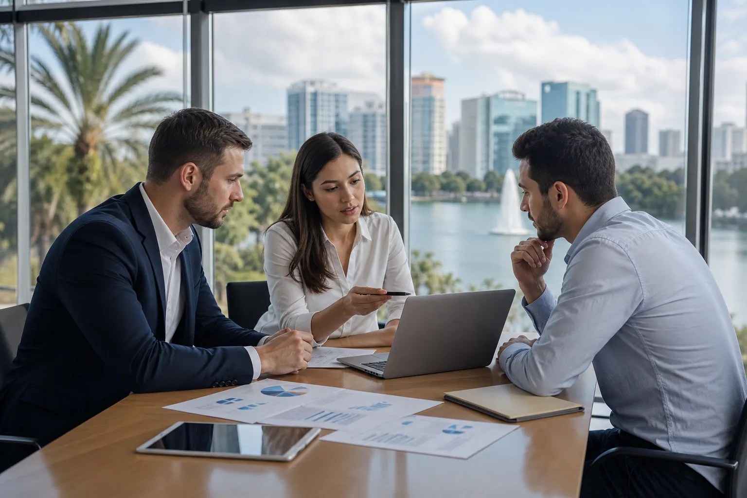 Three professionals review a laptop and printed charts at a conference table overlooking a lake, fountain and city skyline.