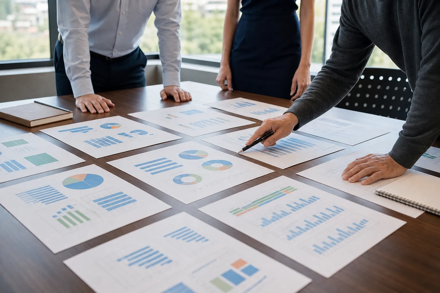 Three people review printed bar and pie charts spread across a conference table, with one pointing at a report using a pen.