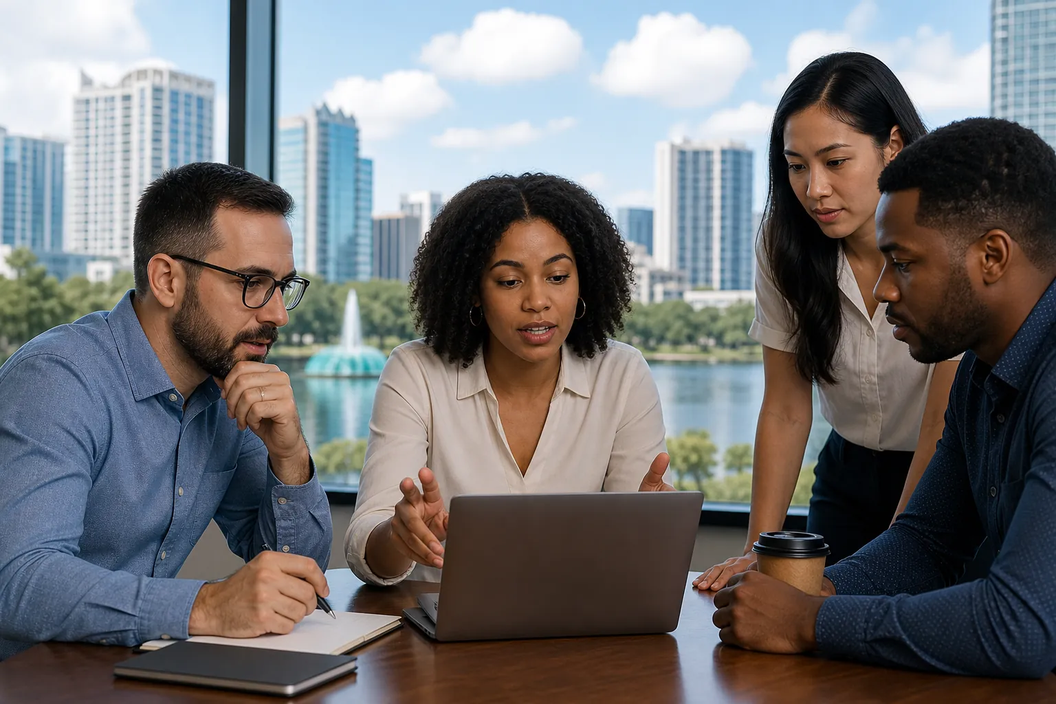 Four colleagues gather around a laptop at a conference table, with a lake, fountain and city buildings visible through windows.