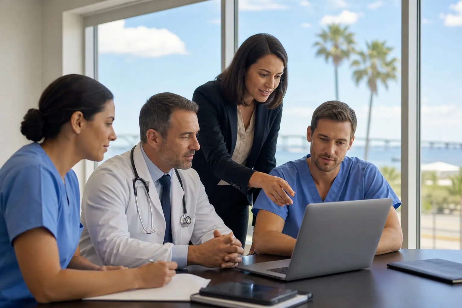 Three healthcare professionals and a woman in a dark blazer gather around a laptop in a bright office overlooking palm trees.
