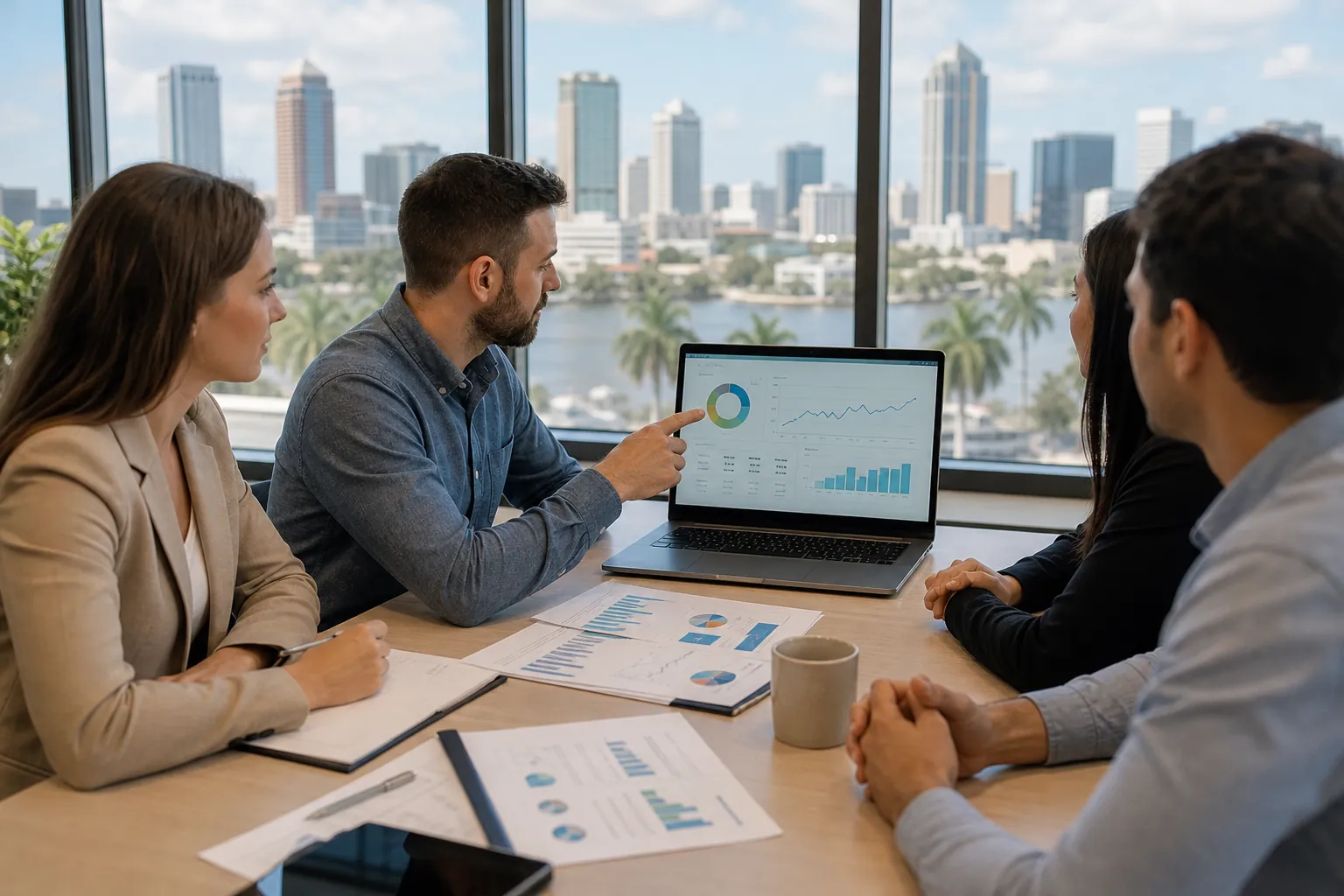 Four professionals review charts on a laptop and printed reports at a conference table overlooking Tampa's waterfront skyline.