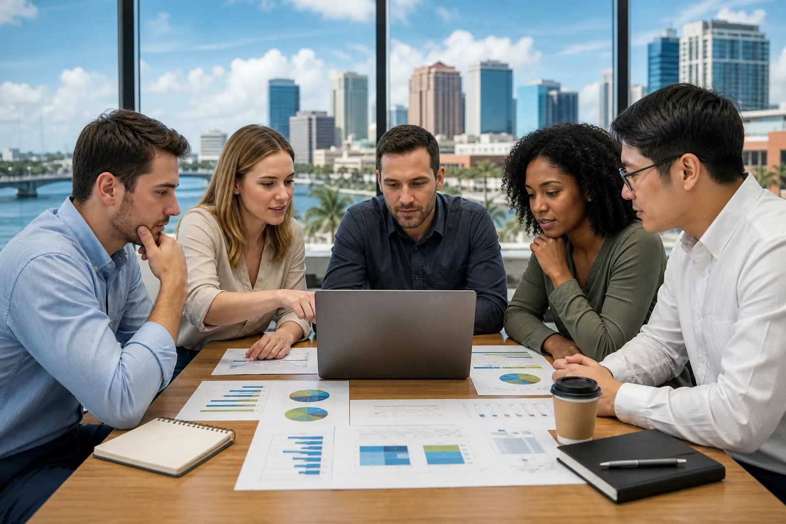 Five colleagues review a laptop and printed charts around a conference table with a waterfront city skyline behind them.