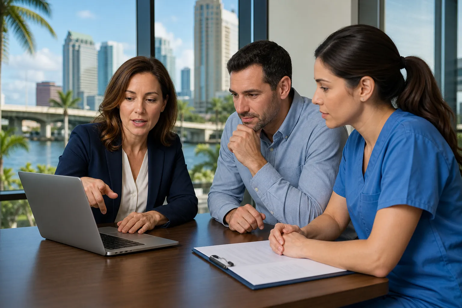A businesswoman reviews a laptop with a man and a woman in blue scrubs beside windows overlooking a waterfront skyline.