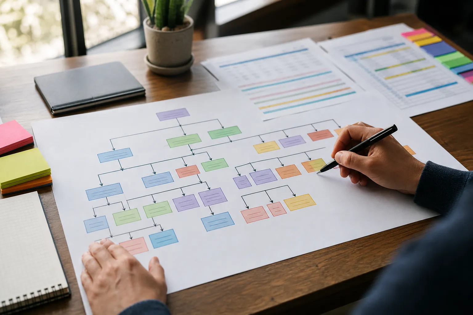 Person uses a pen to review a color-coded website URL map and redirect flowchart spread across a wooden desk.