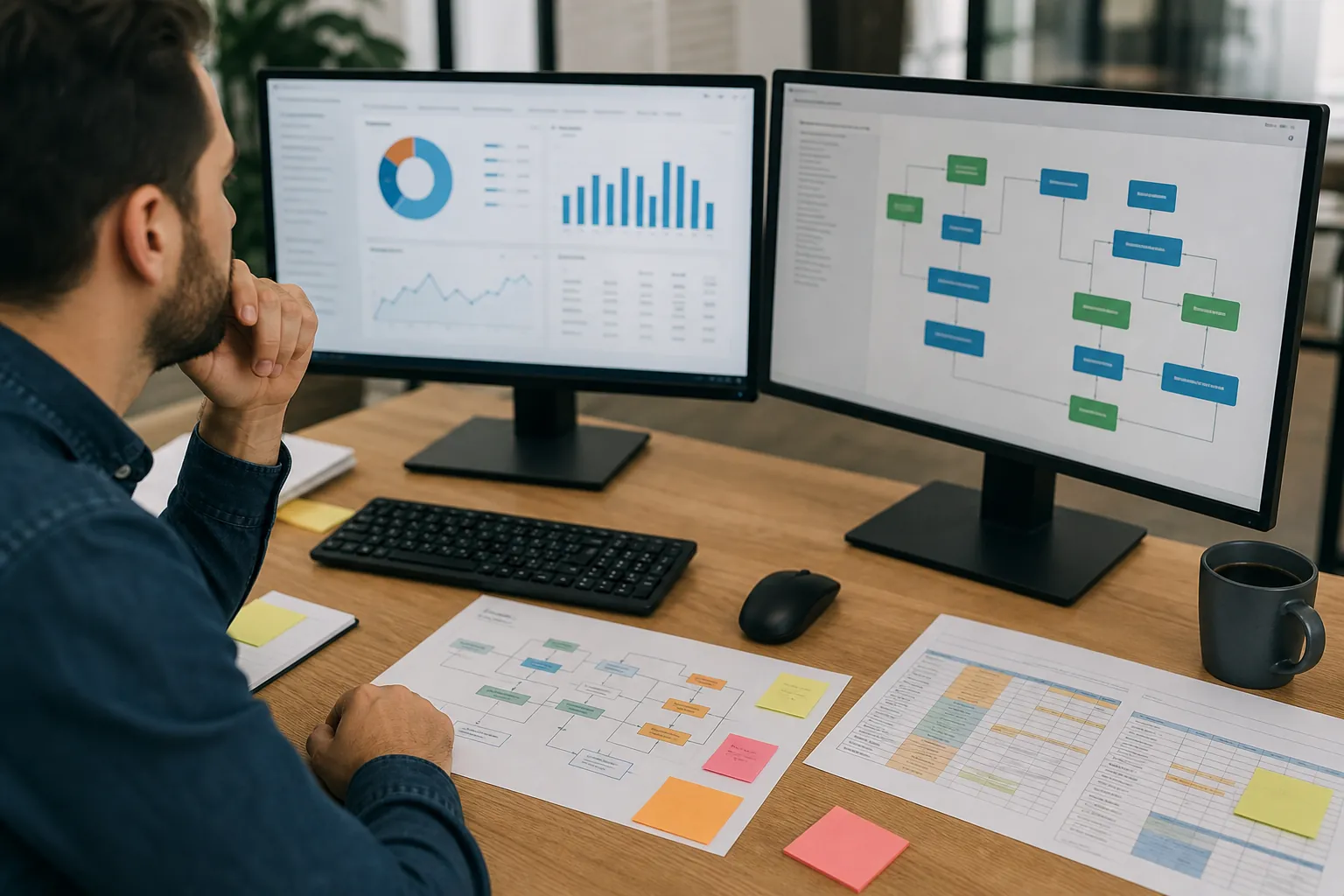 Man reviews website analytics, a migration flowchart, and planning documents on dual monitors at a desk.