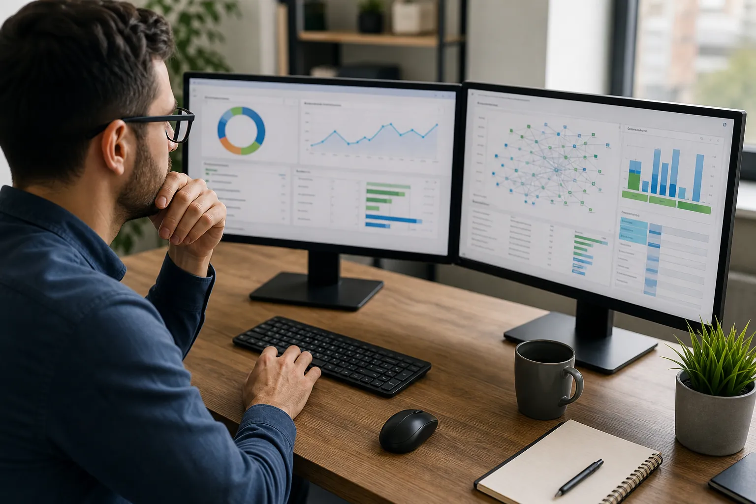 Man reviewing website analytics, charts, and a link map across two monitors at an office desk.