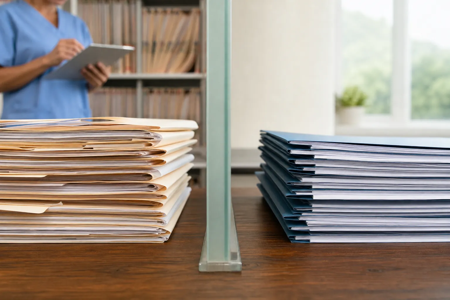 Stacks of beige and dark blue folders sit on opposite sides of a glass divider, with a person in blue scrubs holding a tablet in the background.