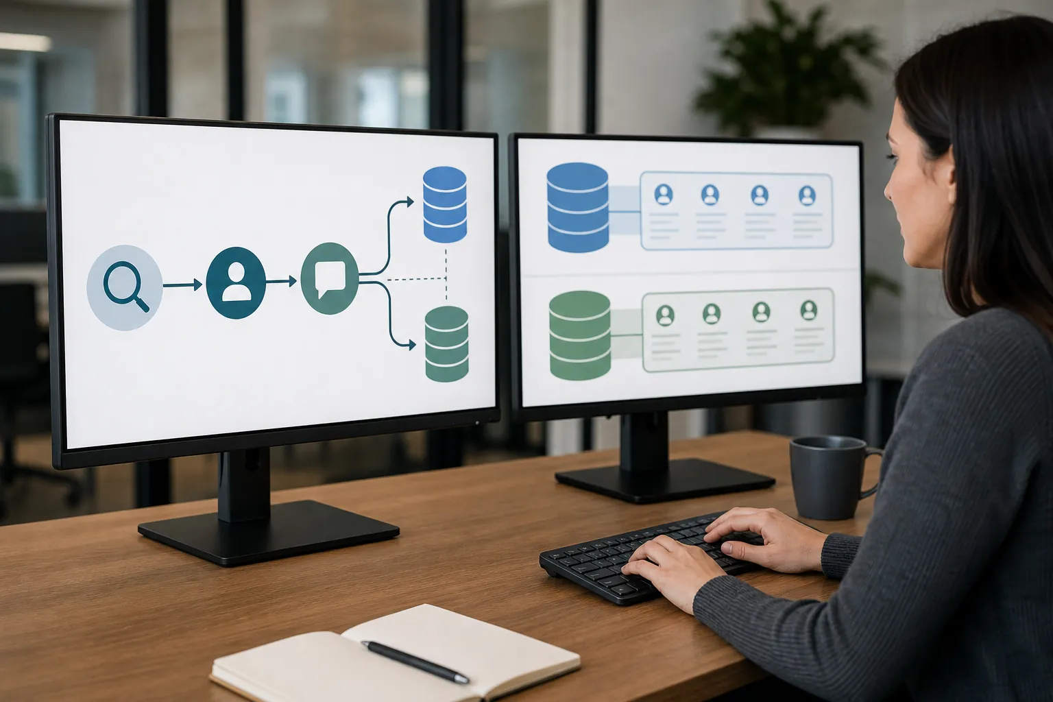 A woman sits at a keyboard facing two monitors showing search, person, and speech-bubble icons connected to blue and green database symbols and grouped profile icons.