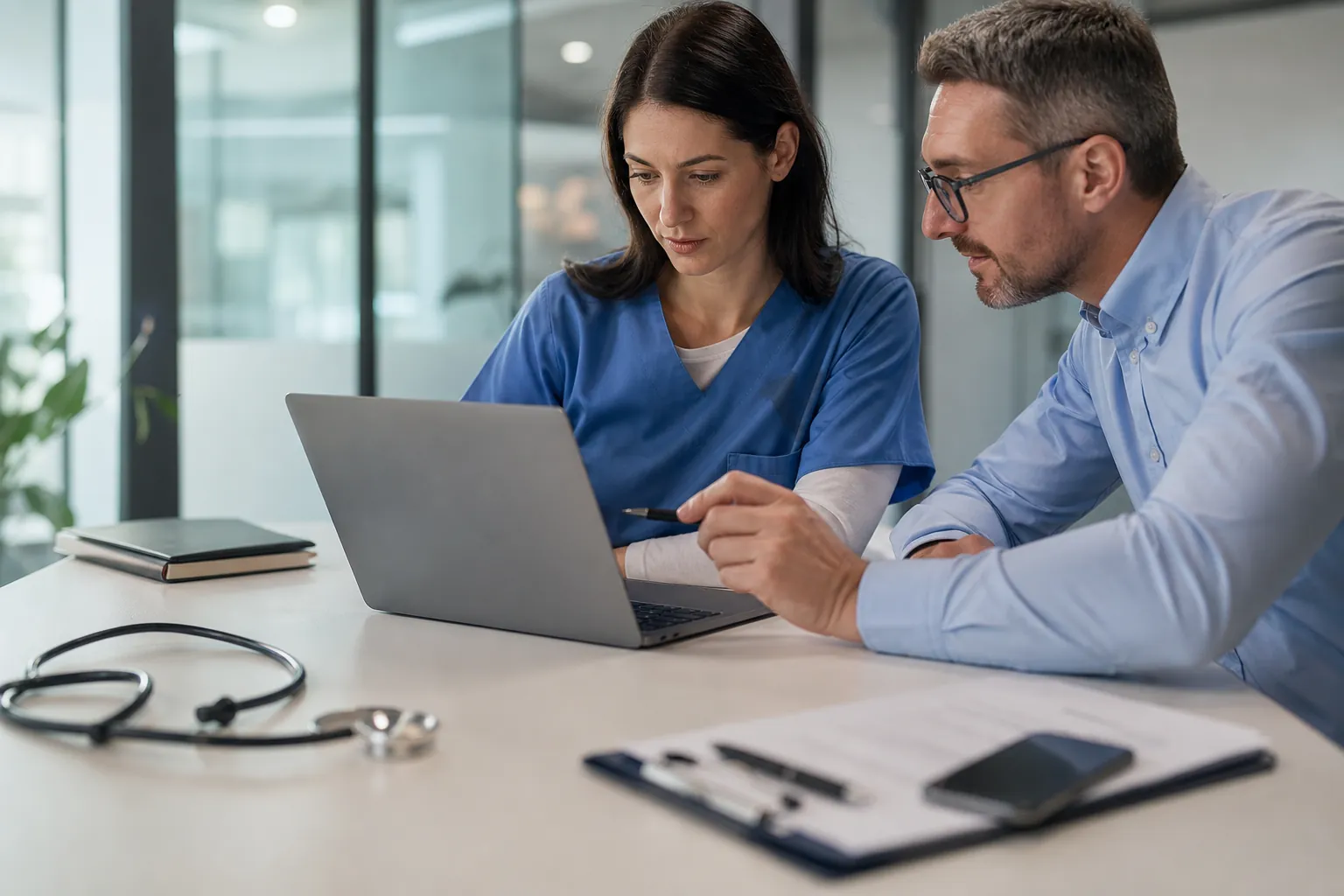 A healthcare professional in blue scrubs and a colleague review information on a laptop beside a stethoscope.