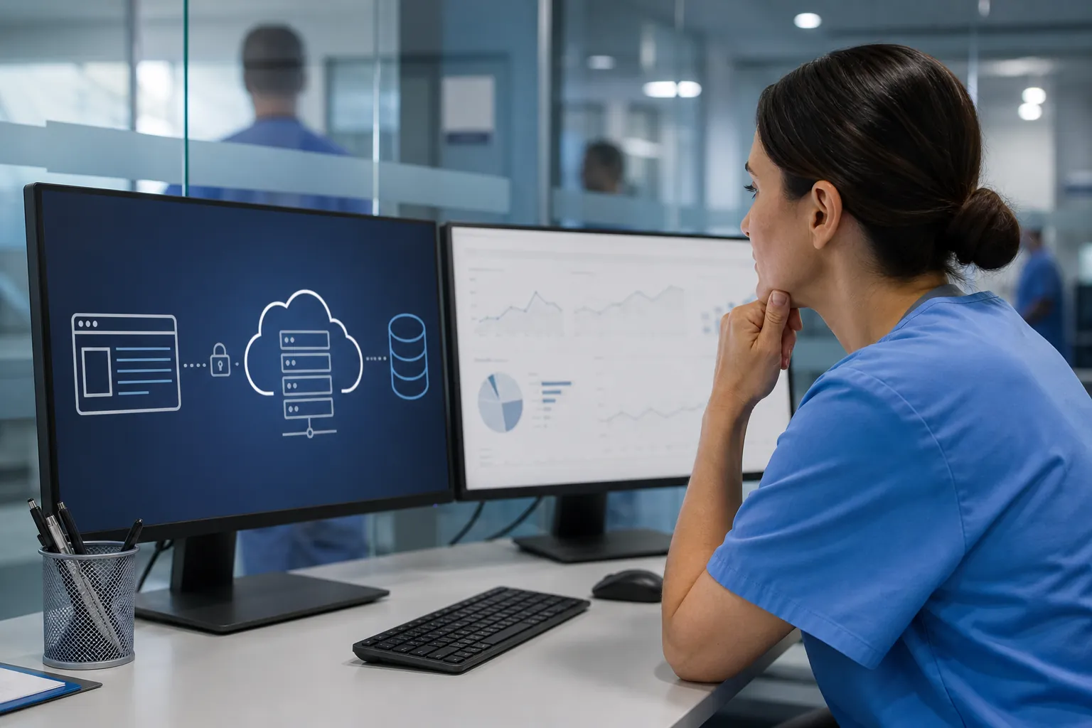 Healthcare worker reviewing secure server-side data flow Healthcare worker studies monitors showing a secure browser-to-cloud server flow and analytics dashboards.