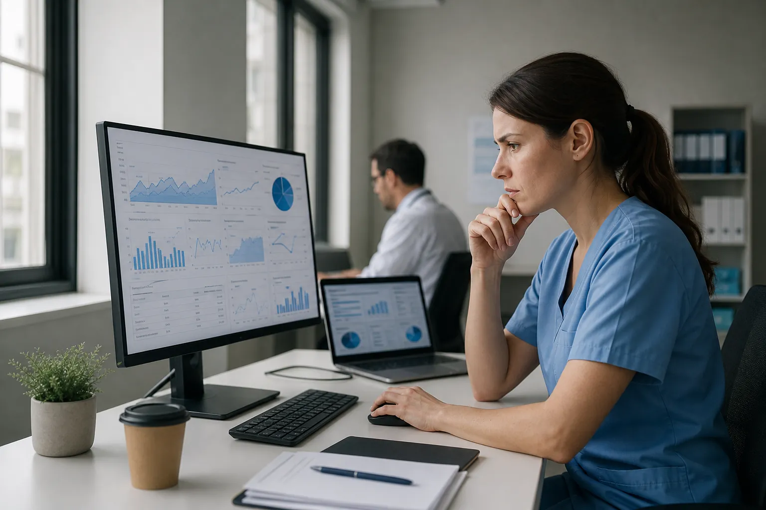 Healthcare Worker Reviewing Website Analytics Healthcare worker in blue scrubs reviews analytics dashboards on a desktop monitor in a clinical office.