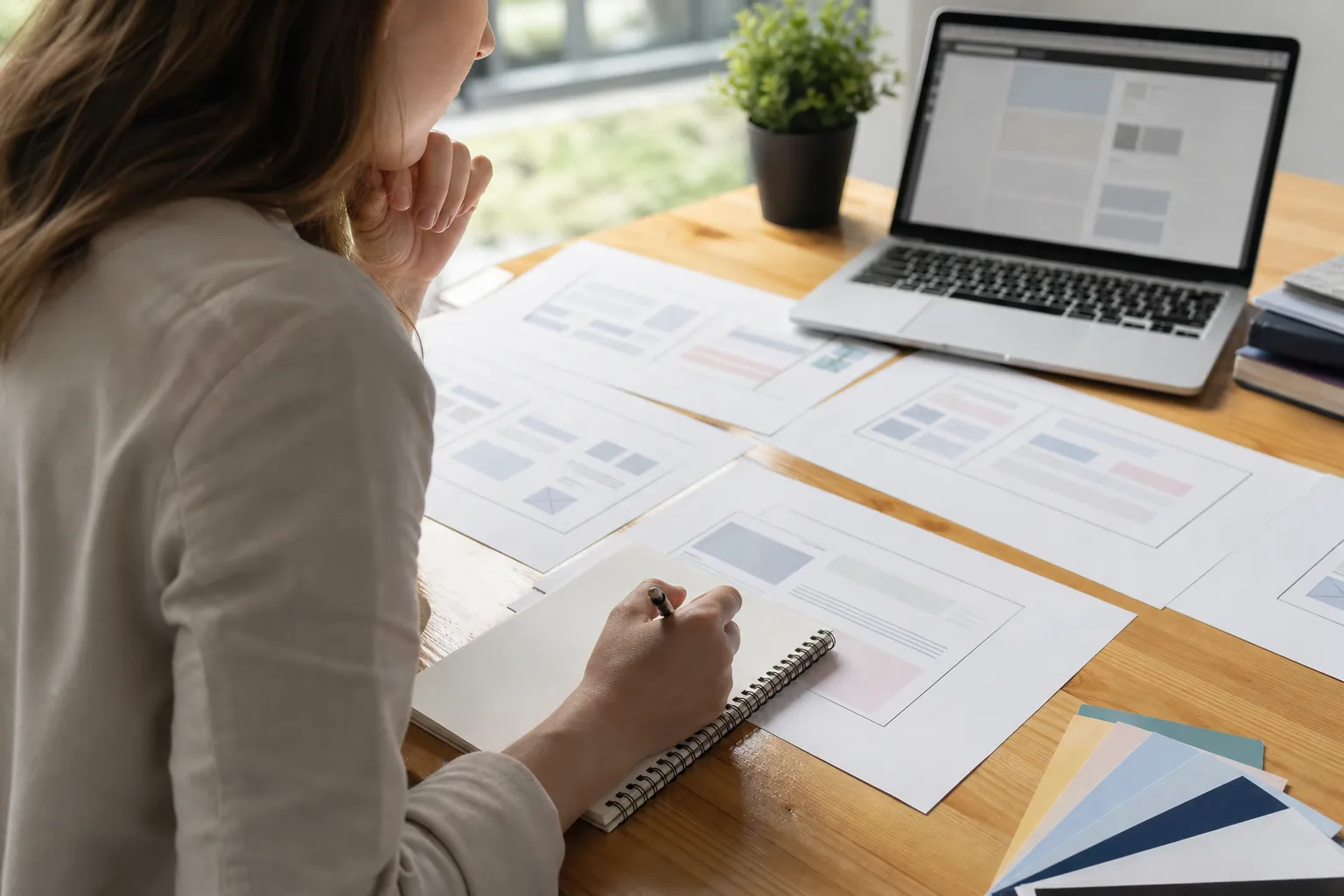 Woman reviews printed website page layouts beside a laptop and notebook while planning which pages should be indexed.