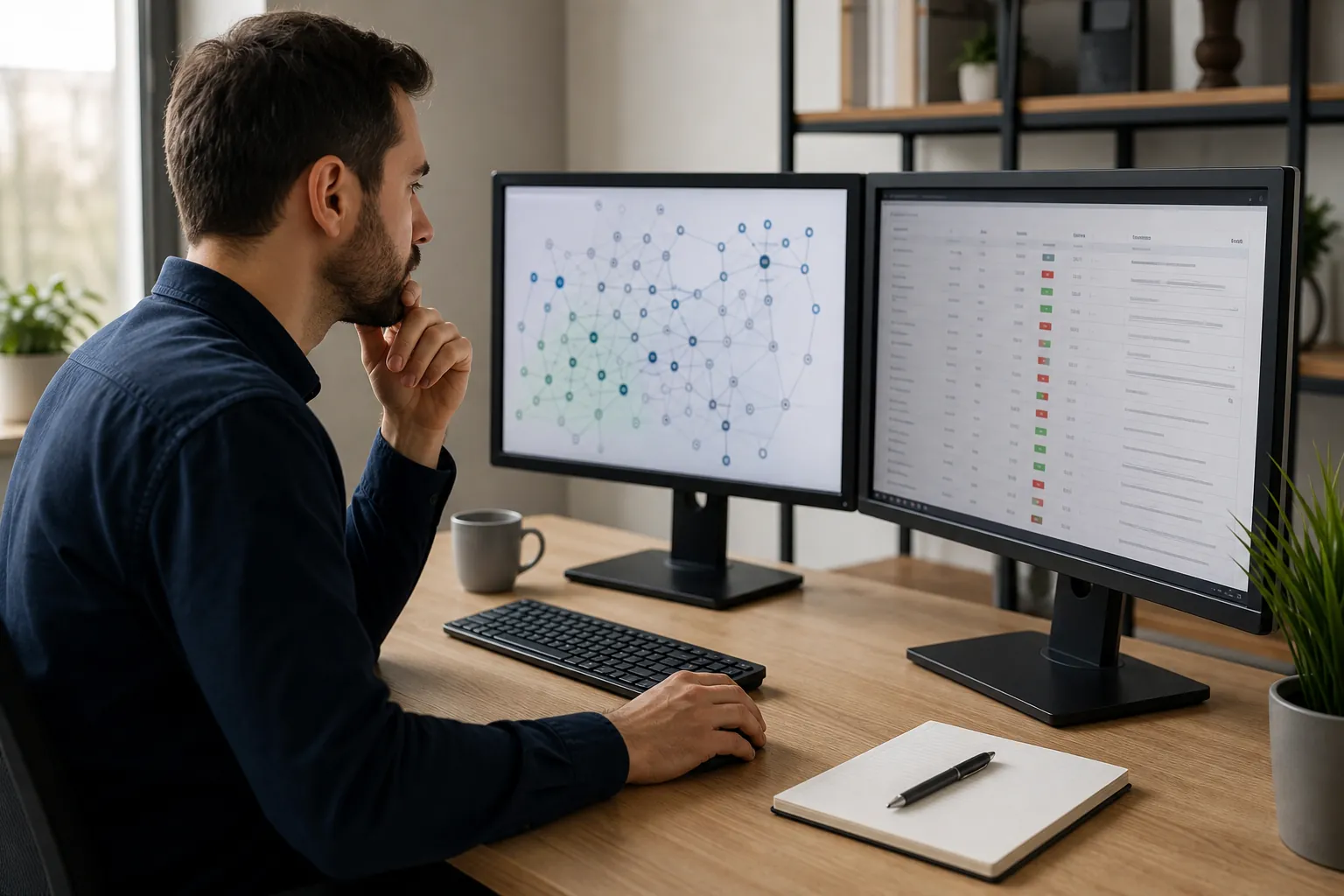 Man reviews a website link map and page status table on dual monitors while checking site discovery and indexing access.