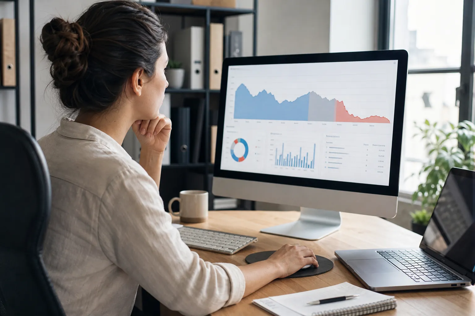 Woman at a desk reviewing declining website performance charts on a desktop monitor beside a laptop.
