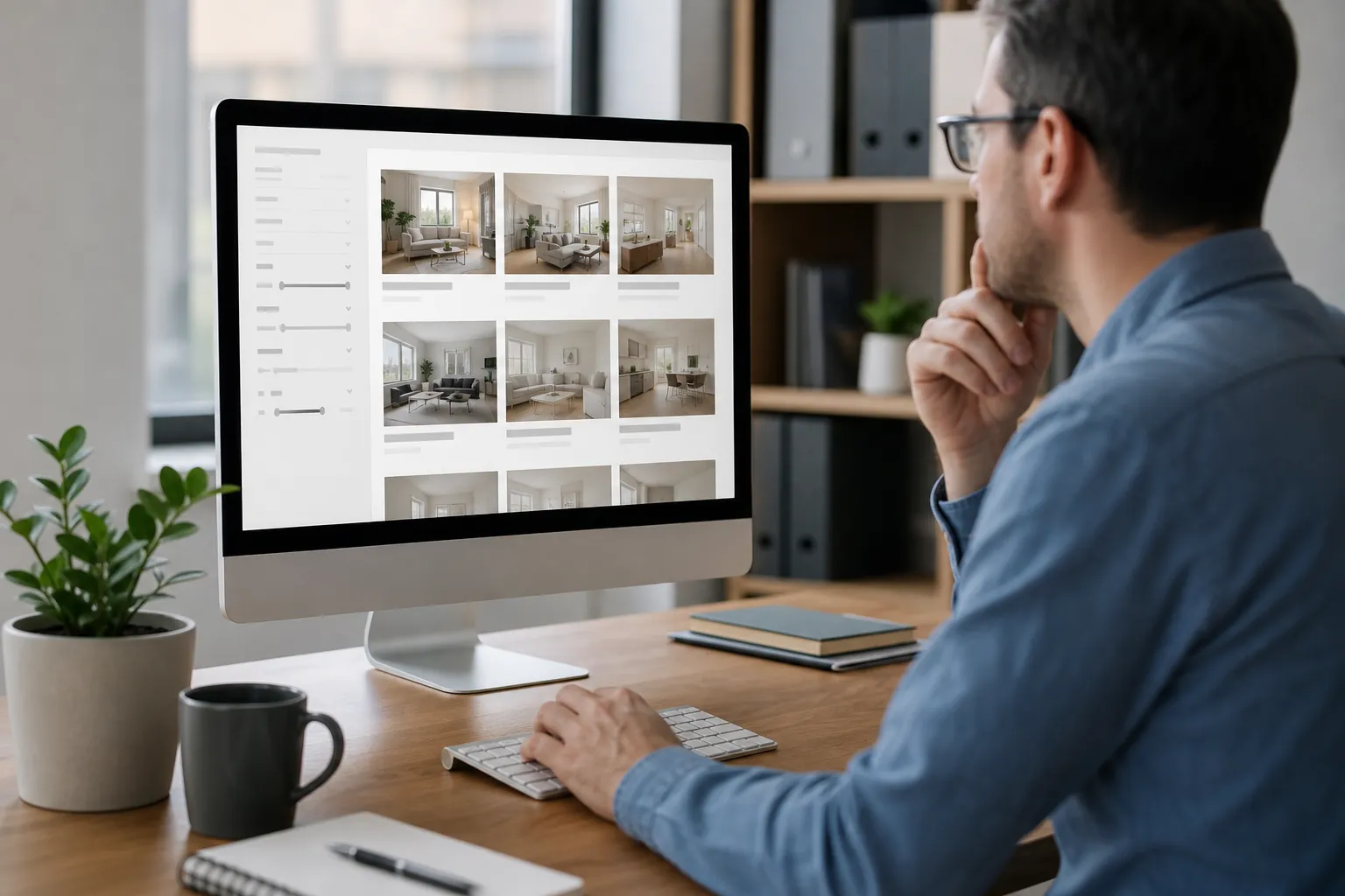 Reviewing Search Value of Filtered Property Pages Man reviewing a property listing website with thumbnail results and filter controls on a desktop monitor