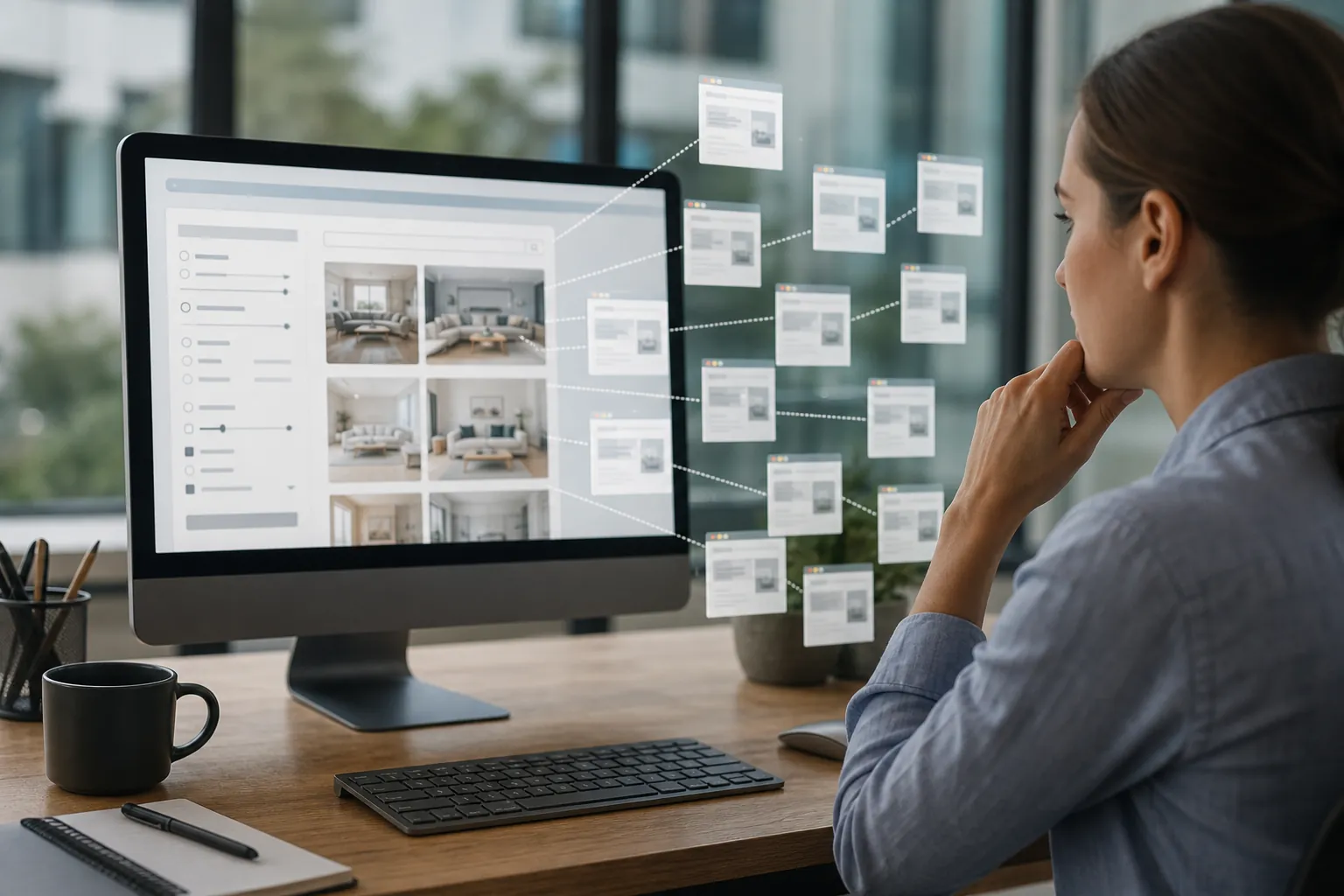 Faceted property listings creating multiple page variants Woman studies a filtered property listing page linked to multiple floating page variants on a desktop monitor.