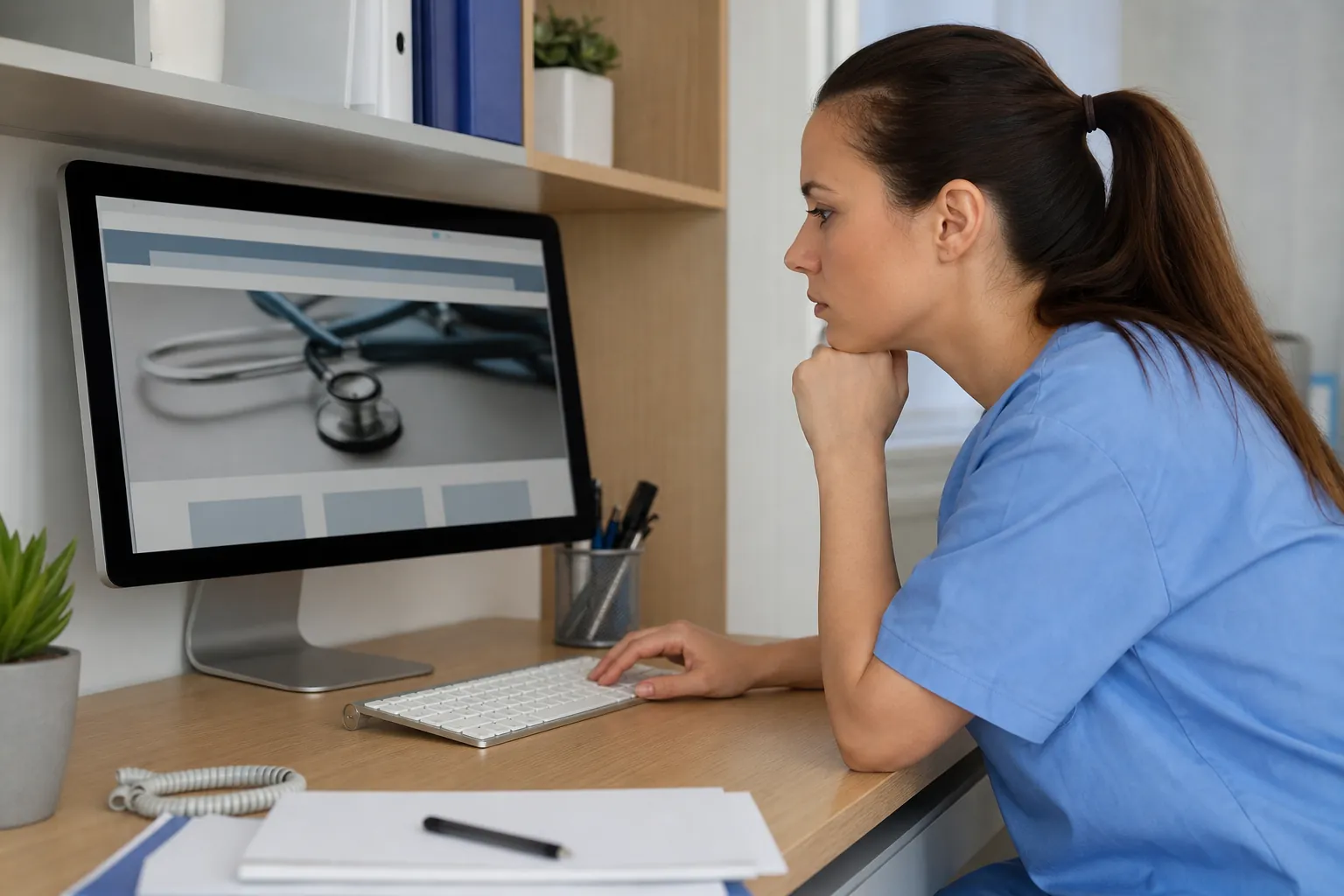 A woman in blue scrubs rests her chin on her hand while viewing a healthcare website with a stethoscope banner on a desktop monitor.