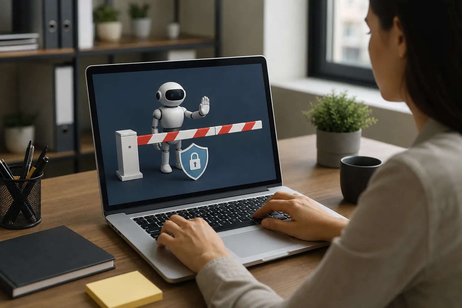 A person uses a laptop displaying a robot behind a red-and-white barrier beside a shield with a padlock symbol.