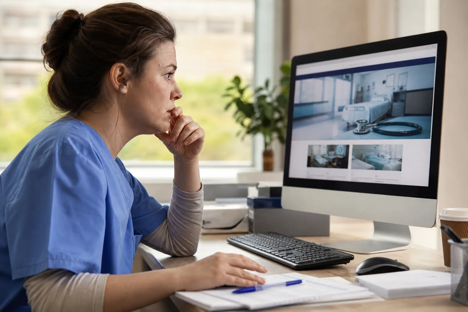 A woman in blue scrubs studies a healthcare website on a desktop monitor, with one hand resting against her chin.