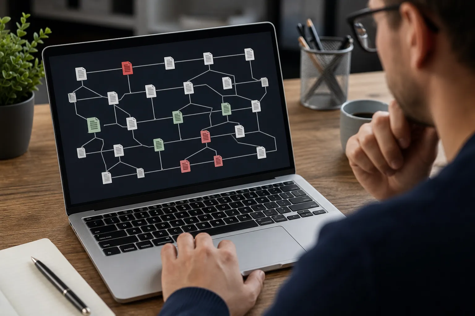 Person reviewing a laptop screen showing an interconnected map of color-coded web page paths.