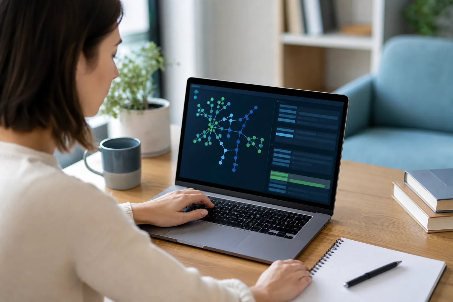 Woman reviewing a website network visualization and analytics dashboard on a laptop at a desk