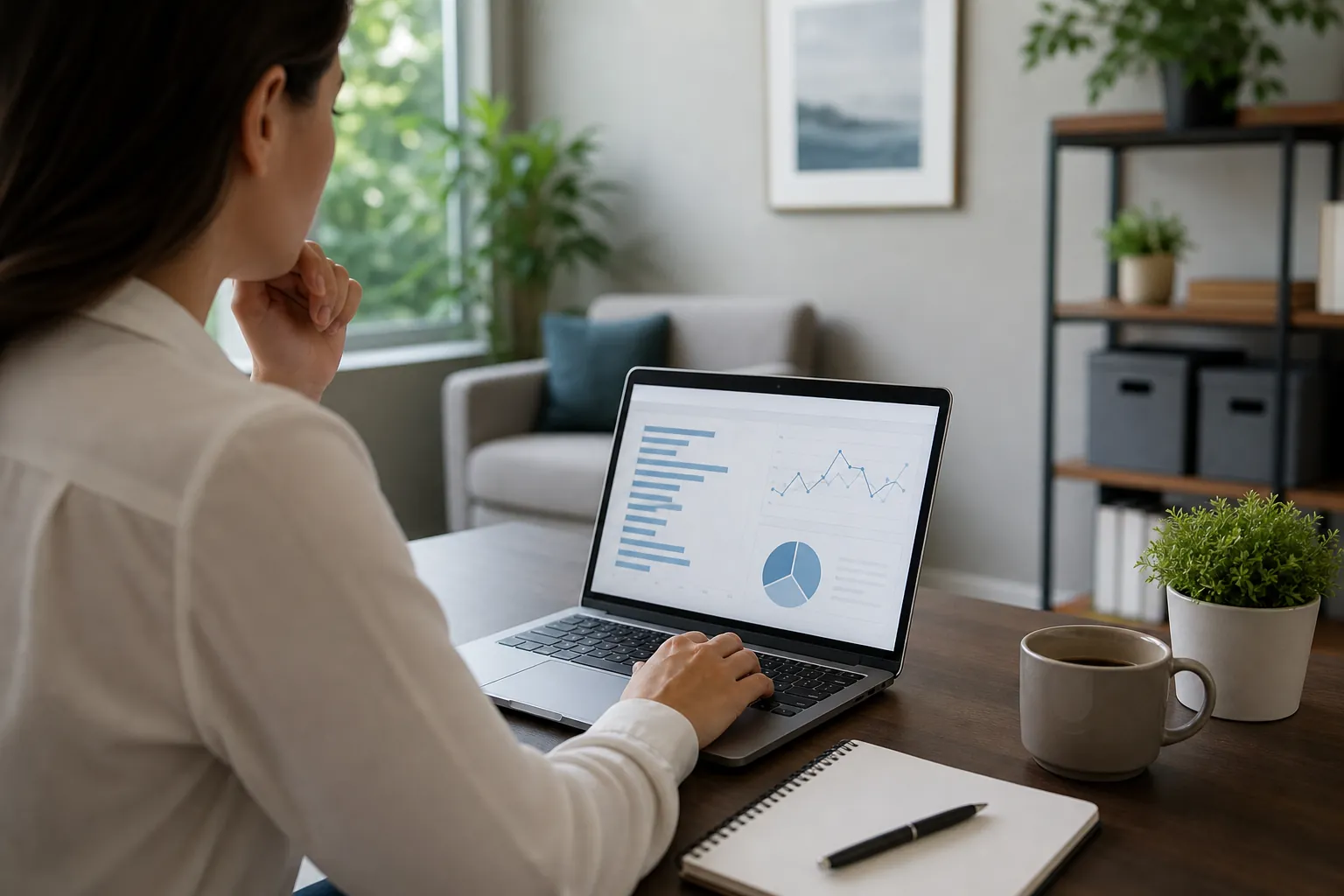 Woman reviewing website analytics charts on a laptop at a desk in a bright home office.