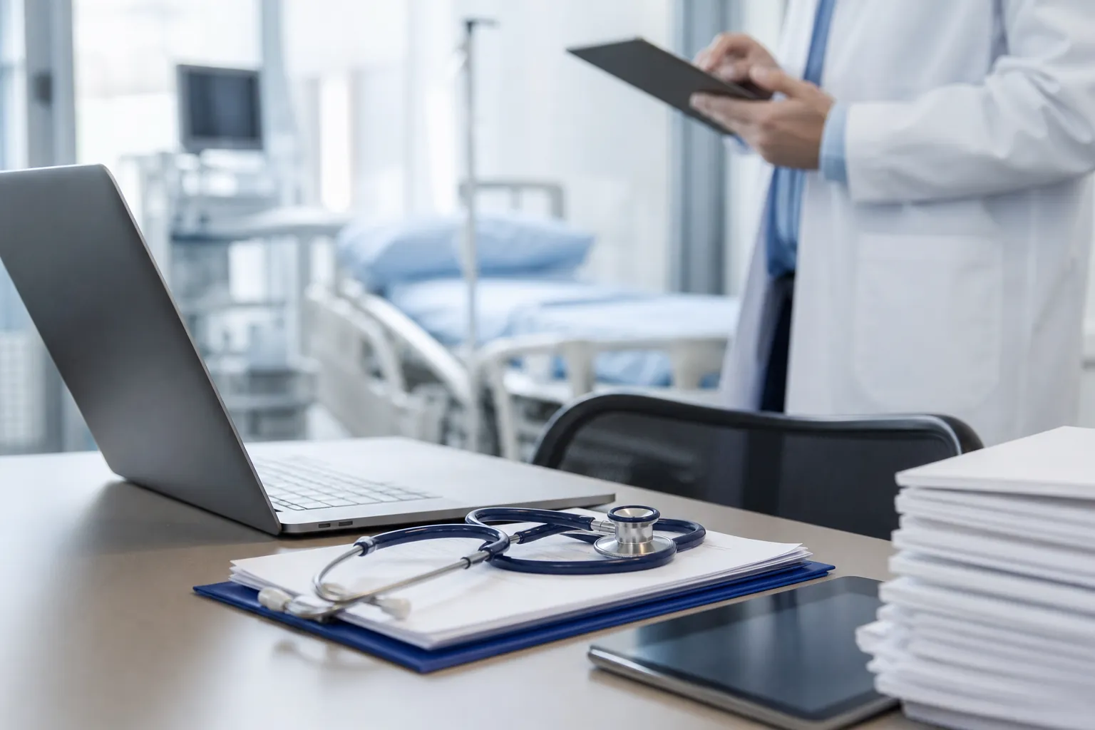 Doctor holding a tablet beside a hospital bed, with a laptop, stethoscope, paperwork and another tablet on a desk.