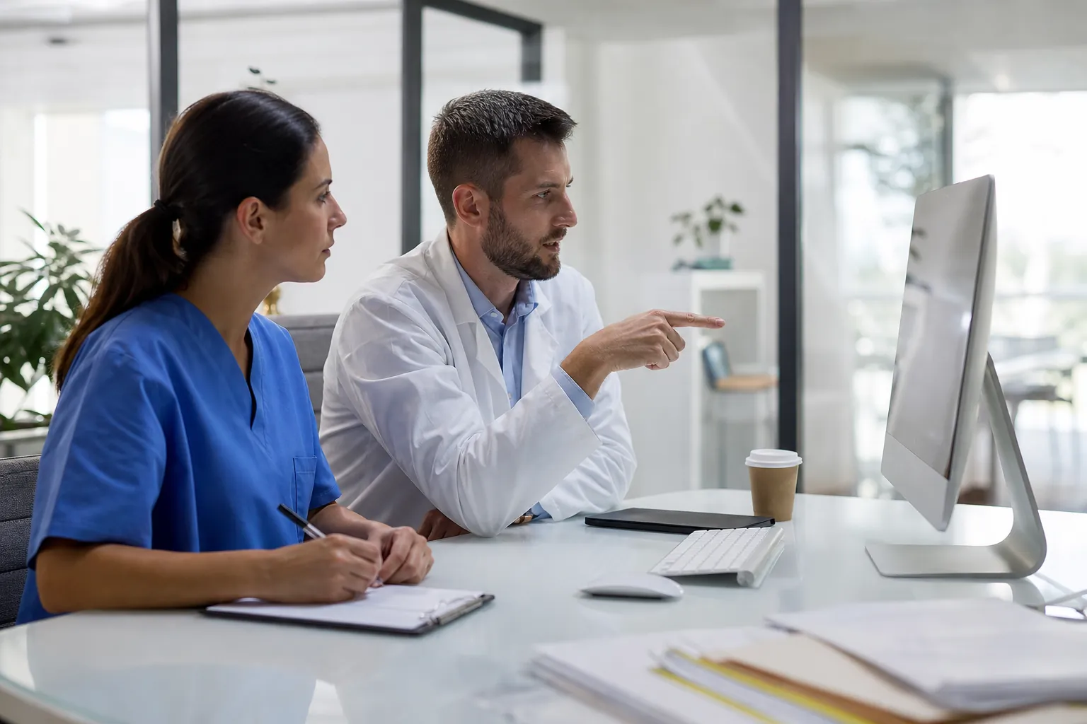 A doctor in a white coat points toward a desktop monitor while a colleague in blue scrubs takes notes beside him.