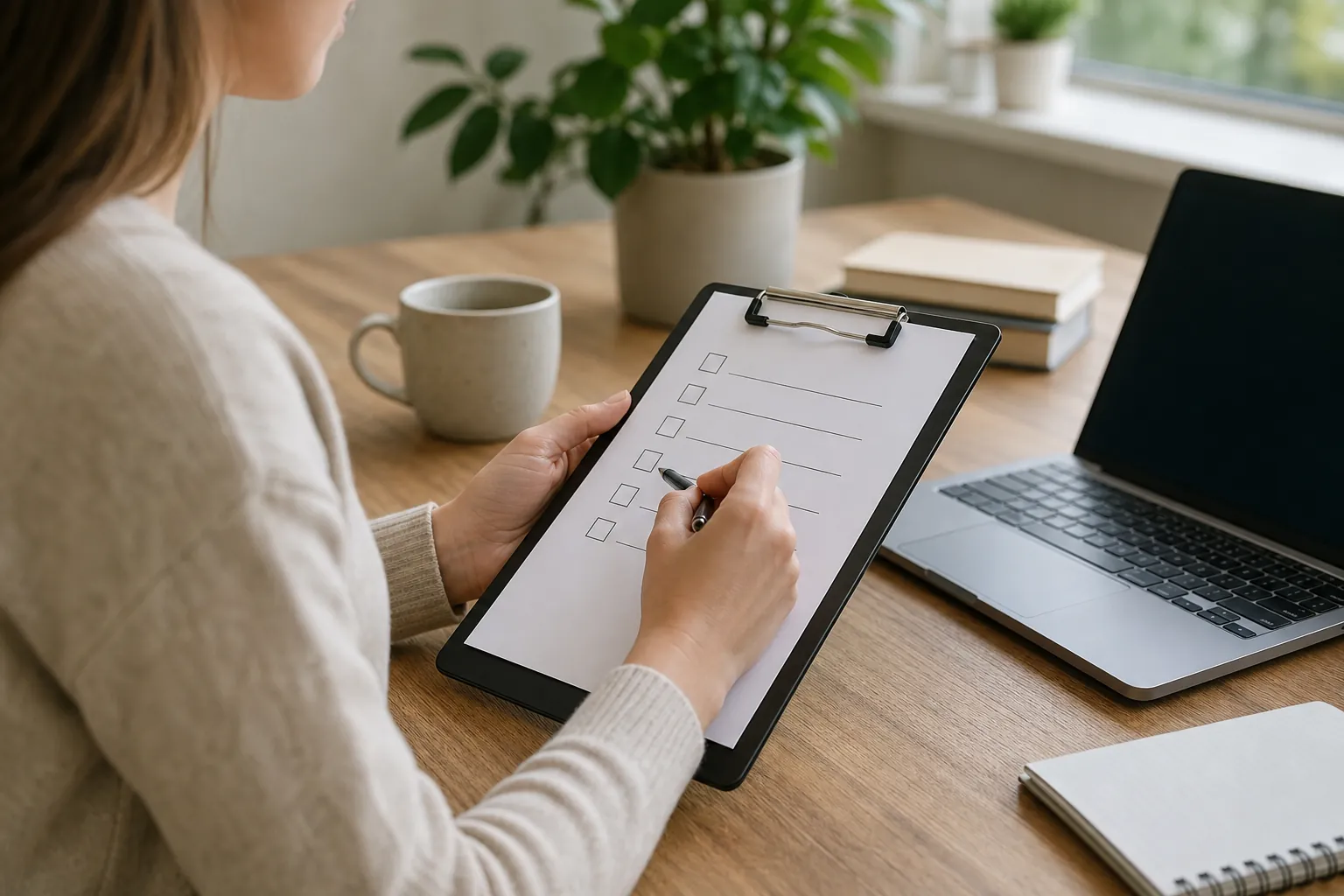 Reviewing a Repeatable Audit Checklist at a Desk Woman uses a pen and clipboard checklist beside a laptop, mug, notebooks, and plant on a wooden desk.
