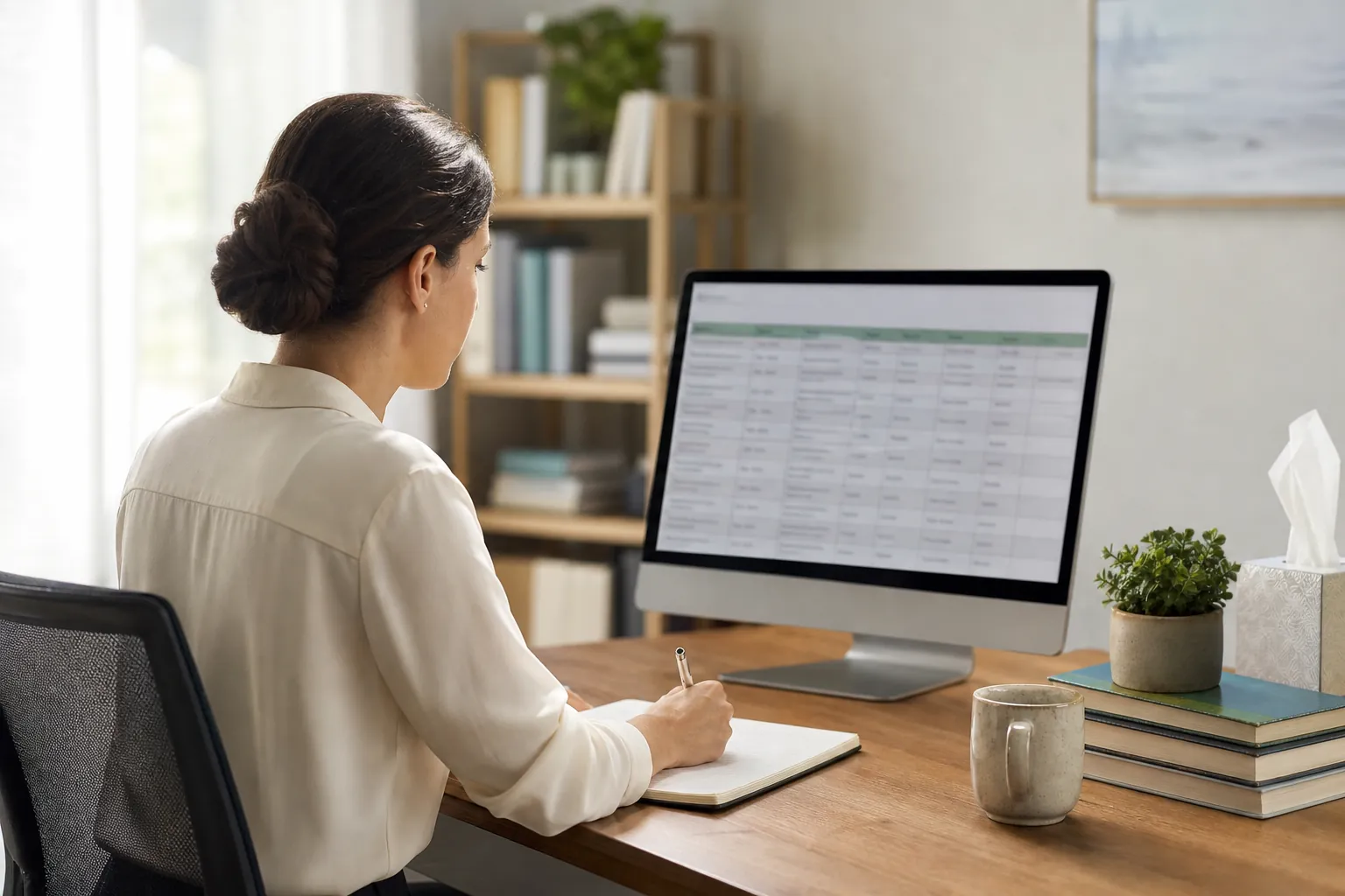 Reviewing a Master Practice Record for Directory Citations Woman reviewing a spreadsheet on a desktop monitor while taking notes at an organized office desk.