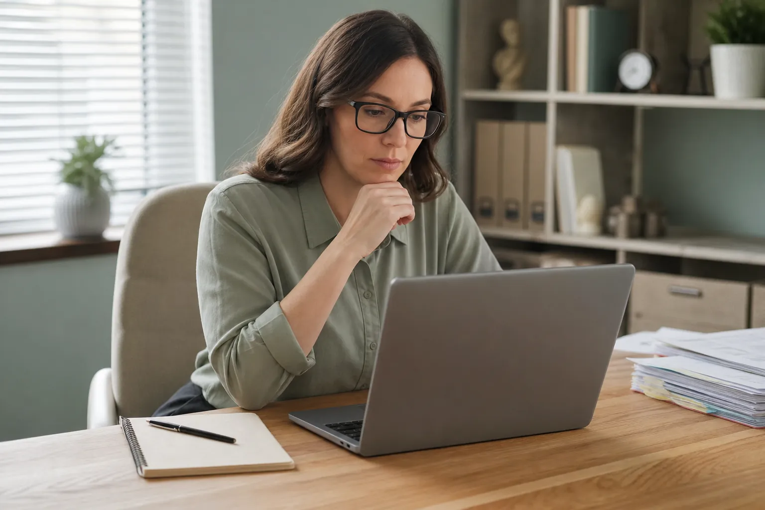 Therapist Reviewing Directory Information on a Laptop Woman wearing glasses reviews information on a laptop at a desk with a notebook and stacks of paperwork.