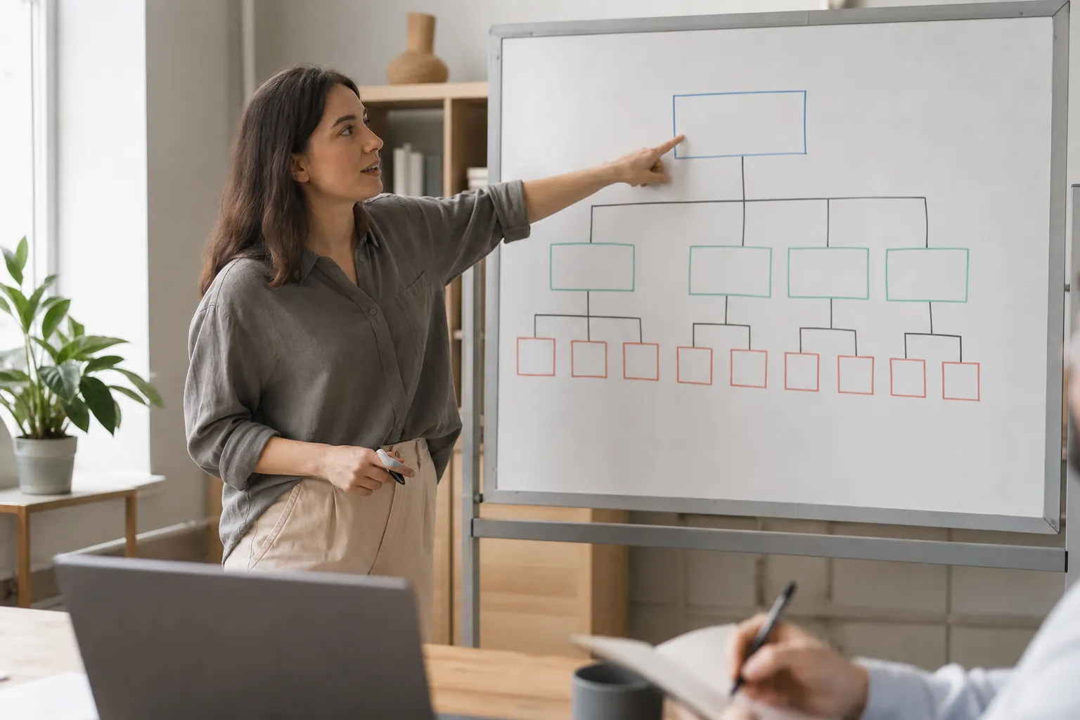 Woman points to a shallow three-level website hierarchy diagram on a whiteboard during a planning meeting.