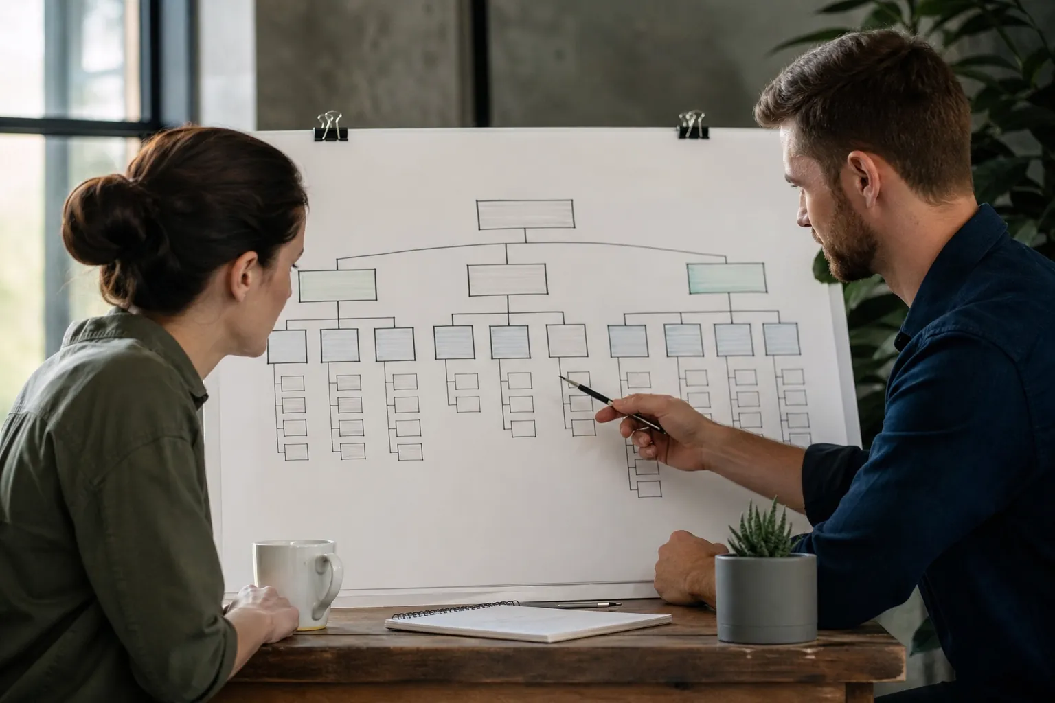 Two colleagues review a hand-drawn website architecture diagram on a large board at a table.
