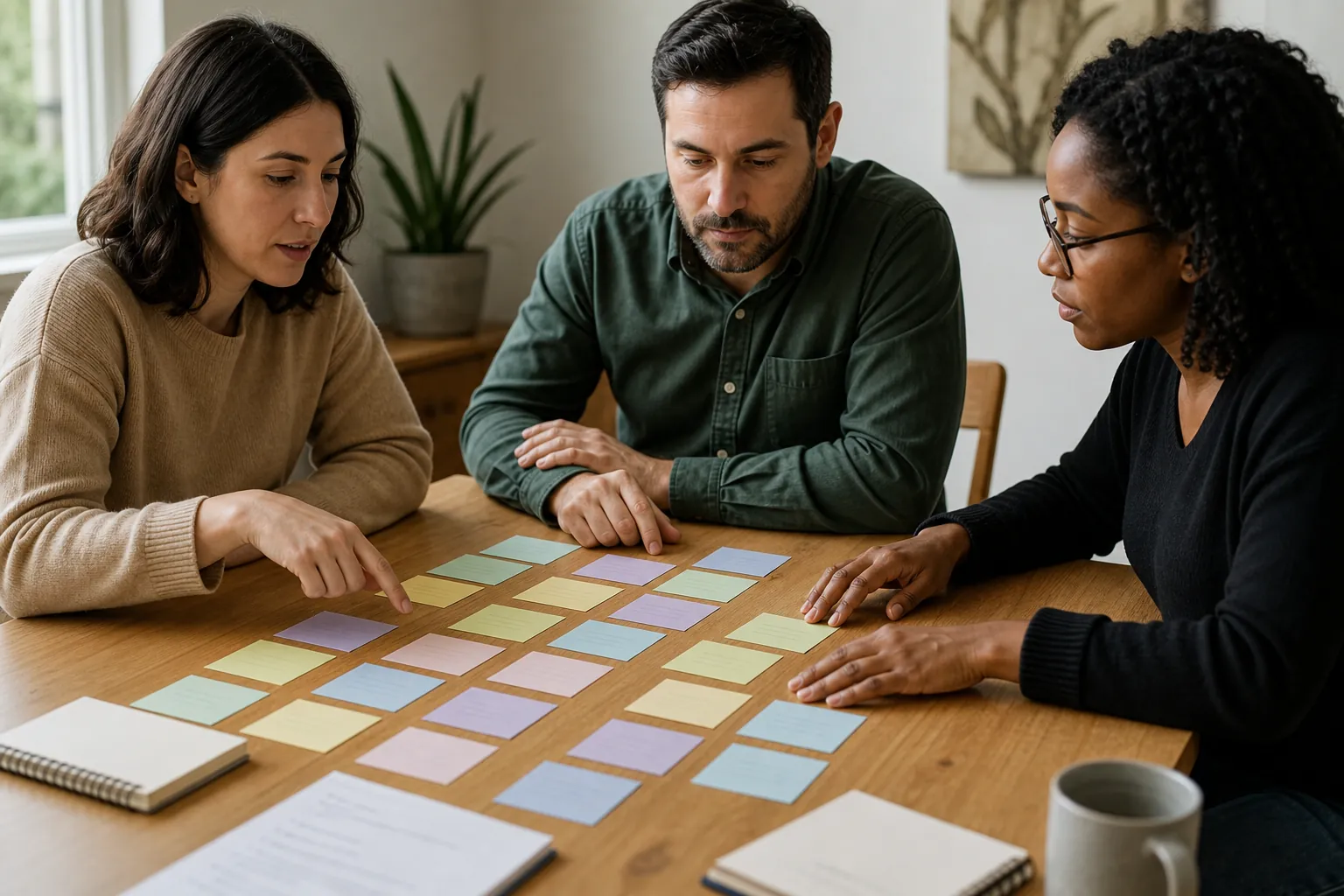 Three colleagues arrange rows of colored sticky notes on a table while planning website architecture.