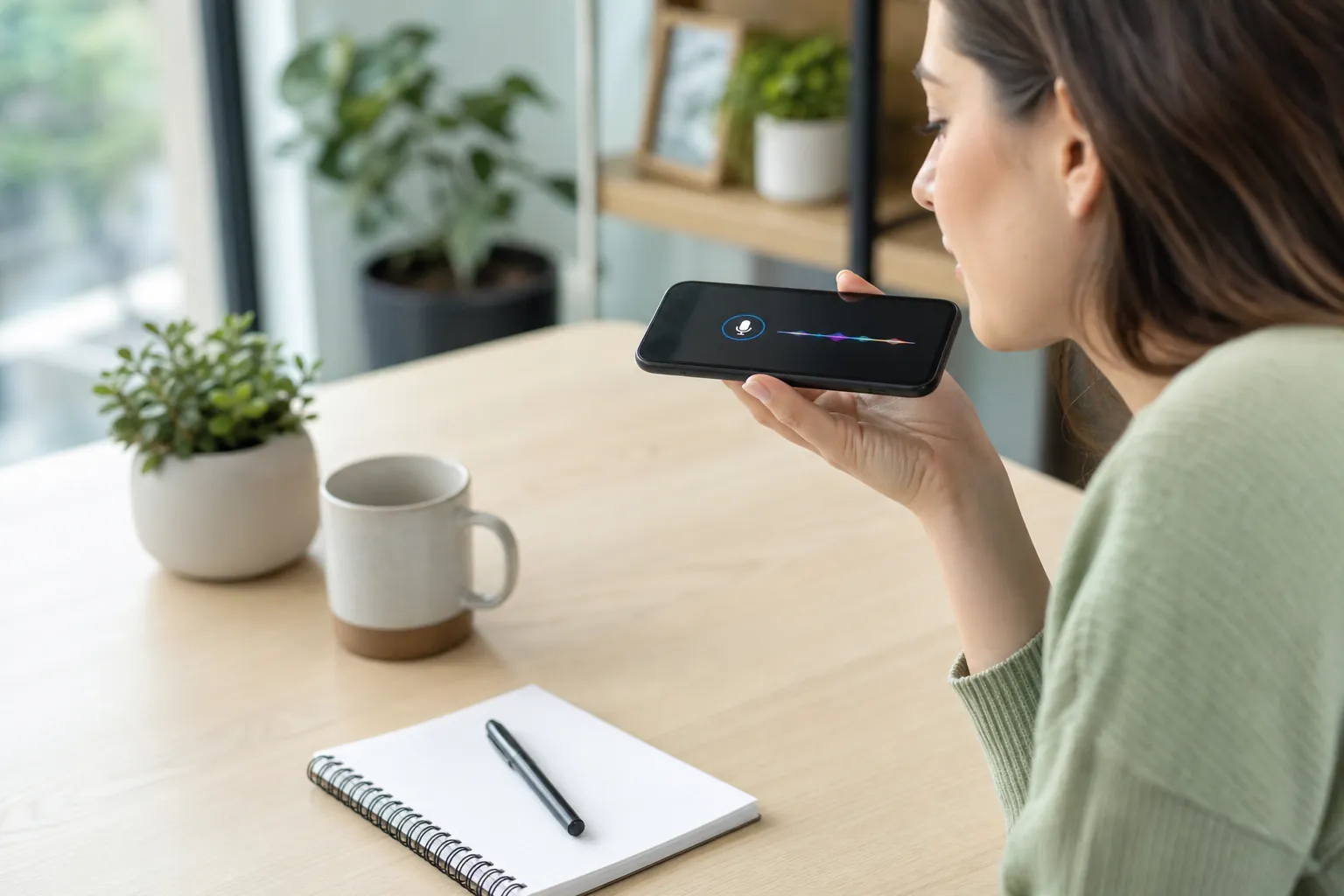 A woman holds a smartphone near her face; its screen shows a microphone symbol and colored waveform. A mug, notebook, pen, and plants sit on the wooden table.
