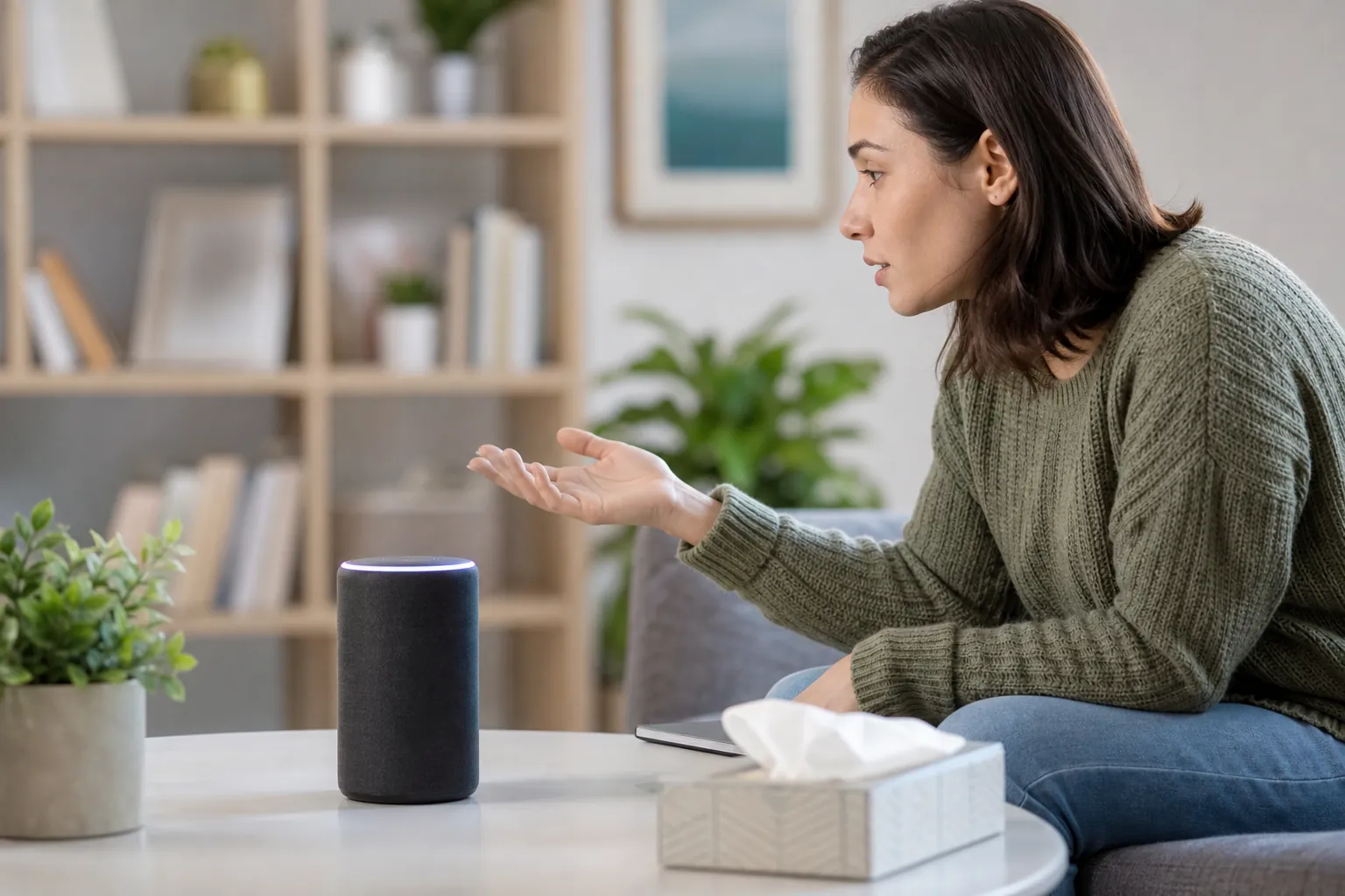 A woman seated on a sofa gestures with an open hand toward a black smart speaker with an illuminated ring on a coffee table.