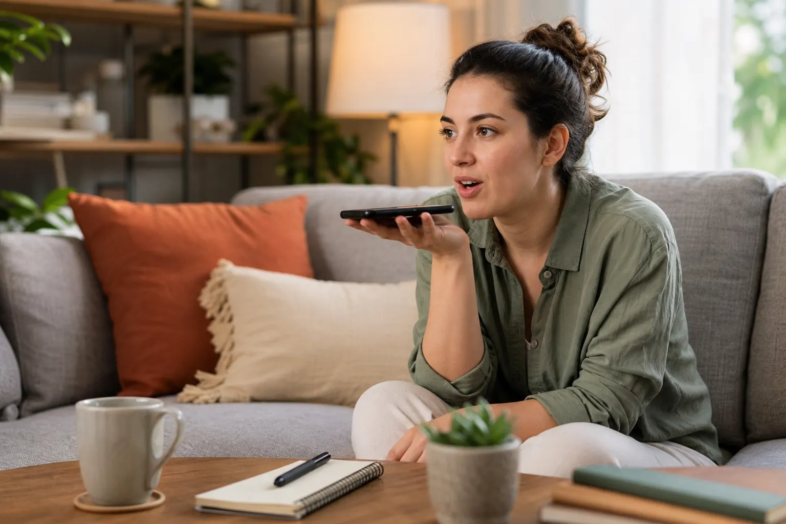 A woman seated on a gray sofa holds a smartphone near her open mouth, with a mug, notebook, pen, and plant on the coffee table.