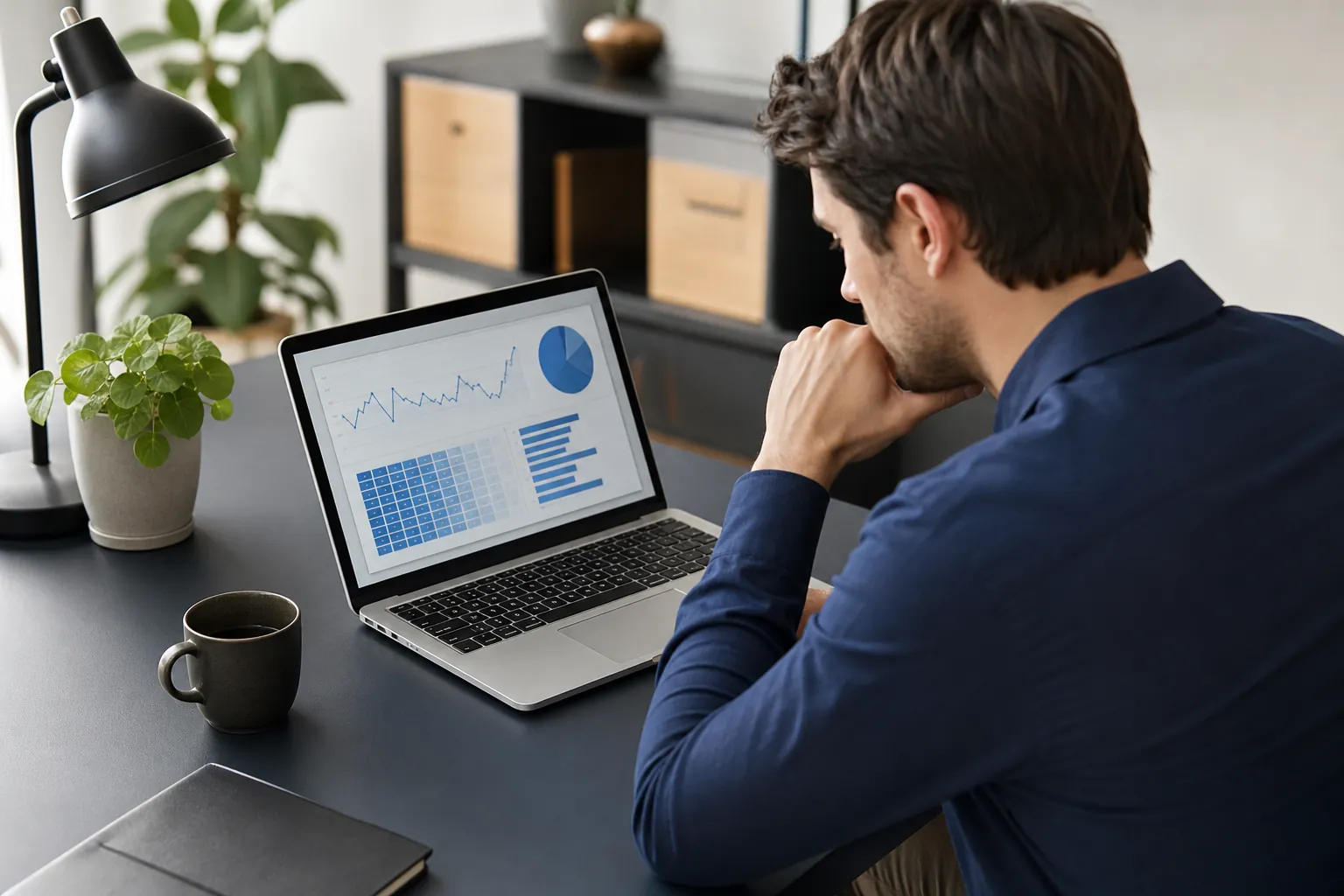 A man rests his chin on his hand while viewing line, pie, and bar charts and a blue data table on a laptop at a desk.
